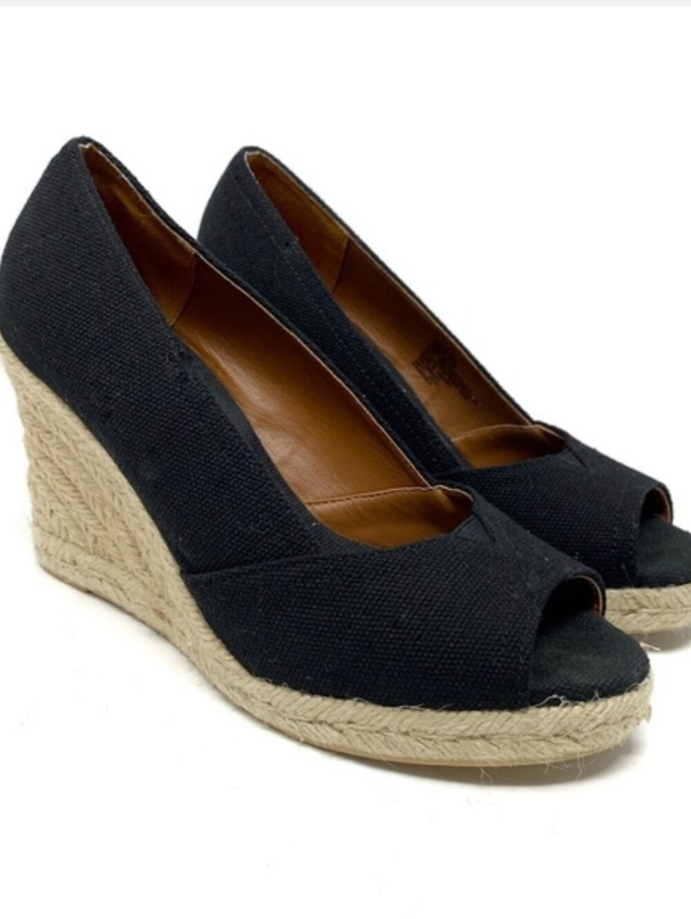 Sonoma Life & Style Black Canvas Peep-Toe Jute Espadrille Wedges Size 8.5 M